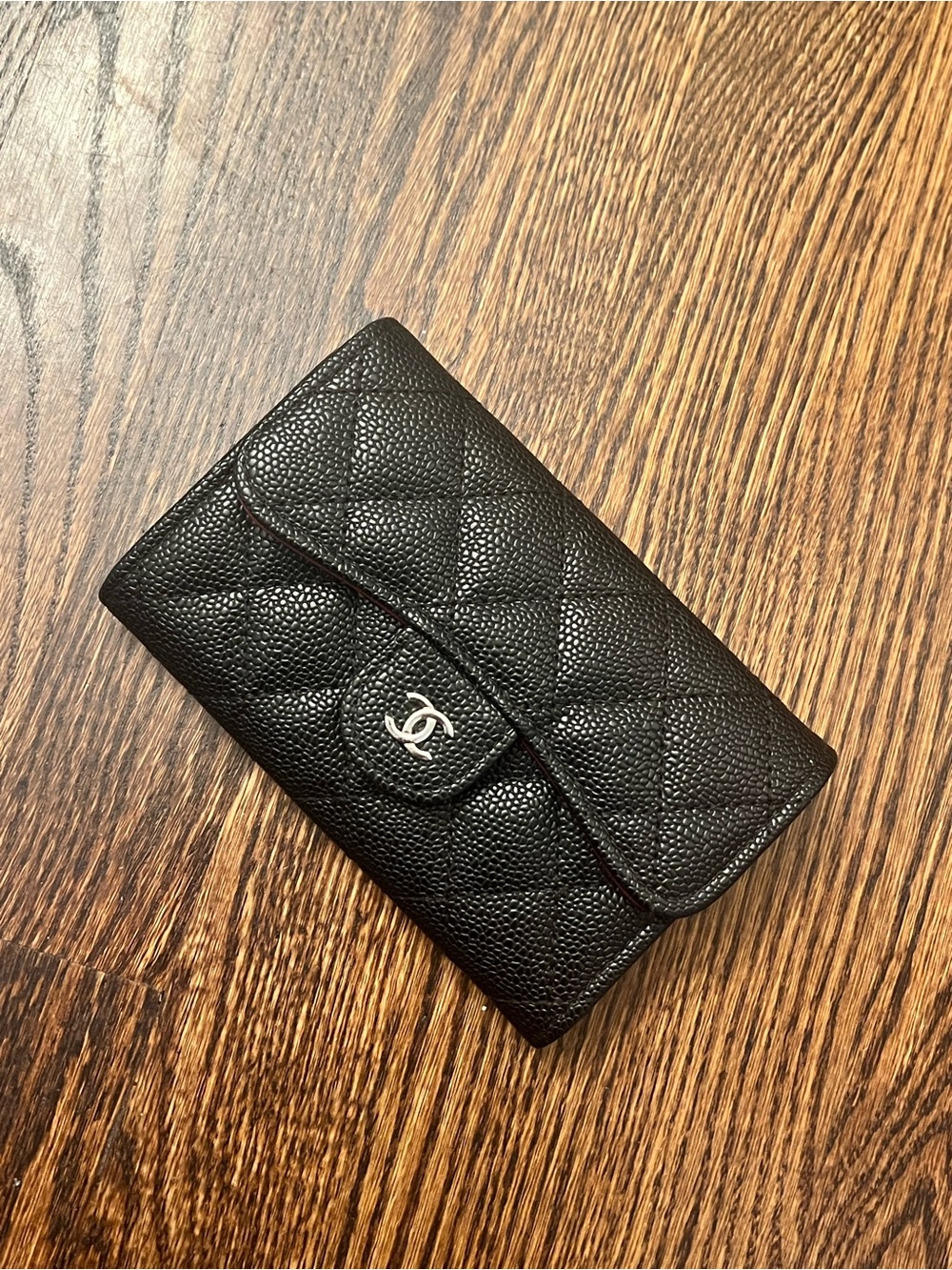 CHANEL Black Quilted Caviar Card Holder with CC Turn-Lock